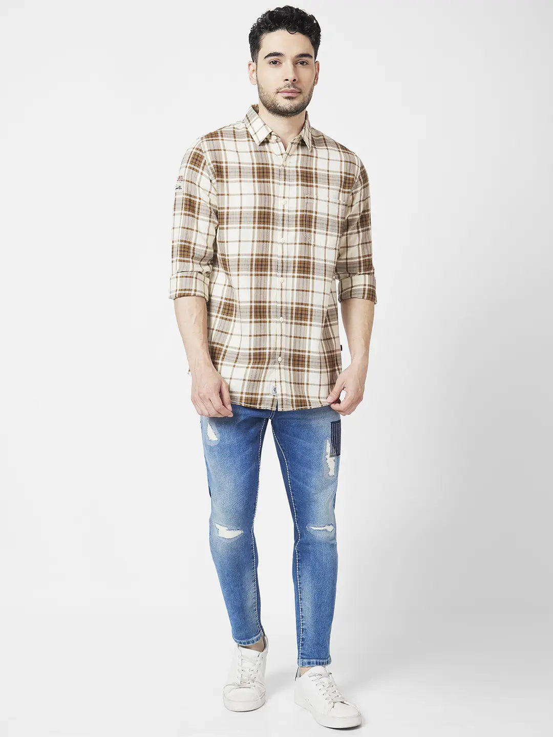 Spykar Men Moss Green Cotton Regular Slim Fit Full Sleeve Checkered Shirt