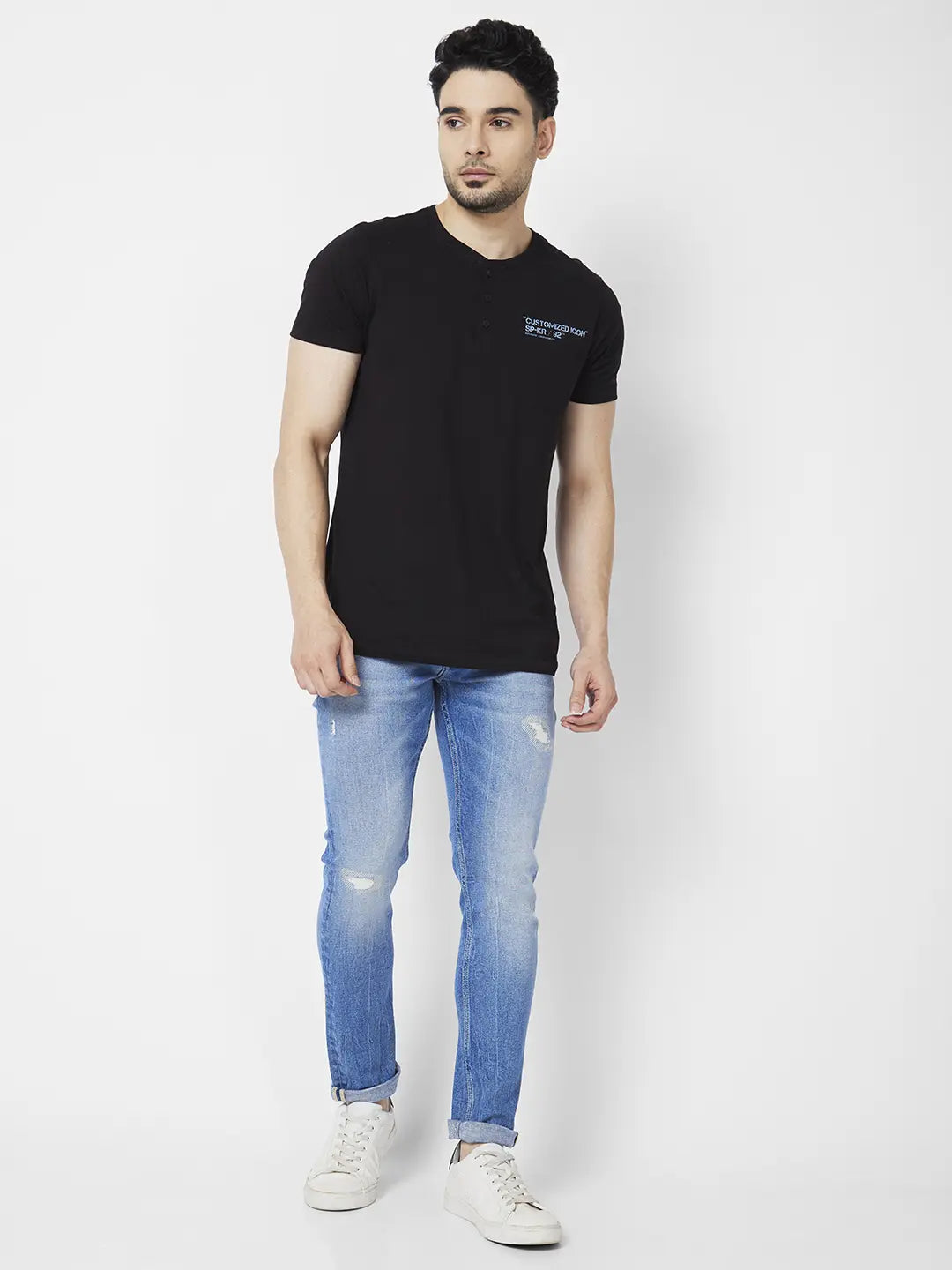 Spykar Men Mid Blue Cotton Slim Fit Narrow Length Mild Distressed Low Rise Jeans (Skinny)