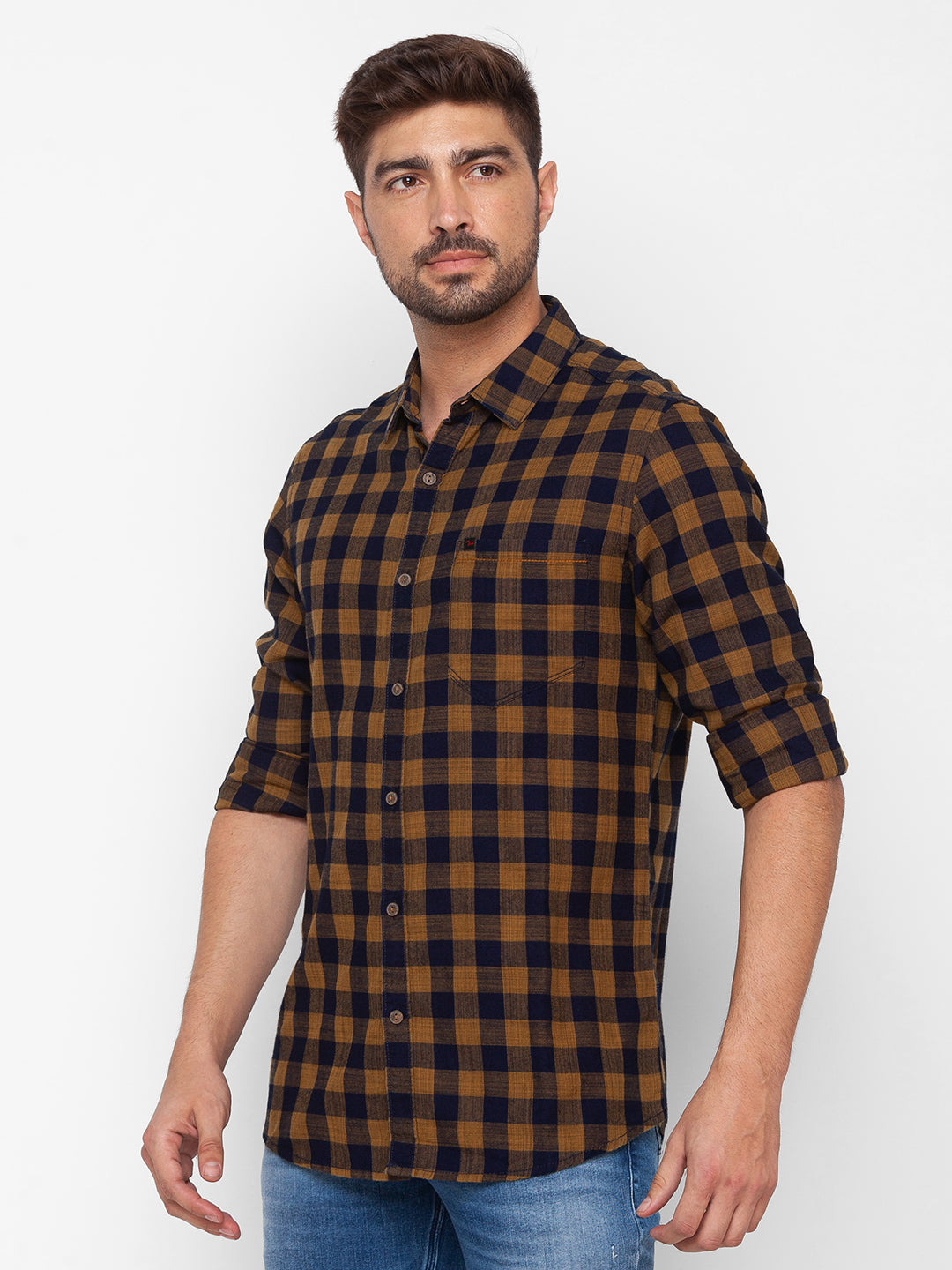 Spykar Camel Khaki Cotton Full Sleeve Checks Shirt For Men