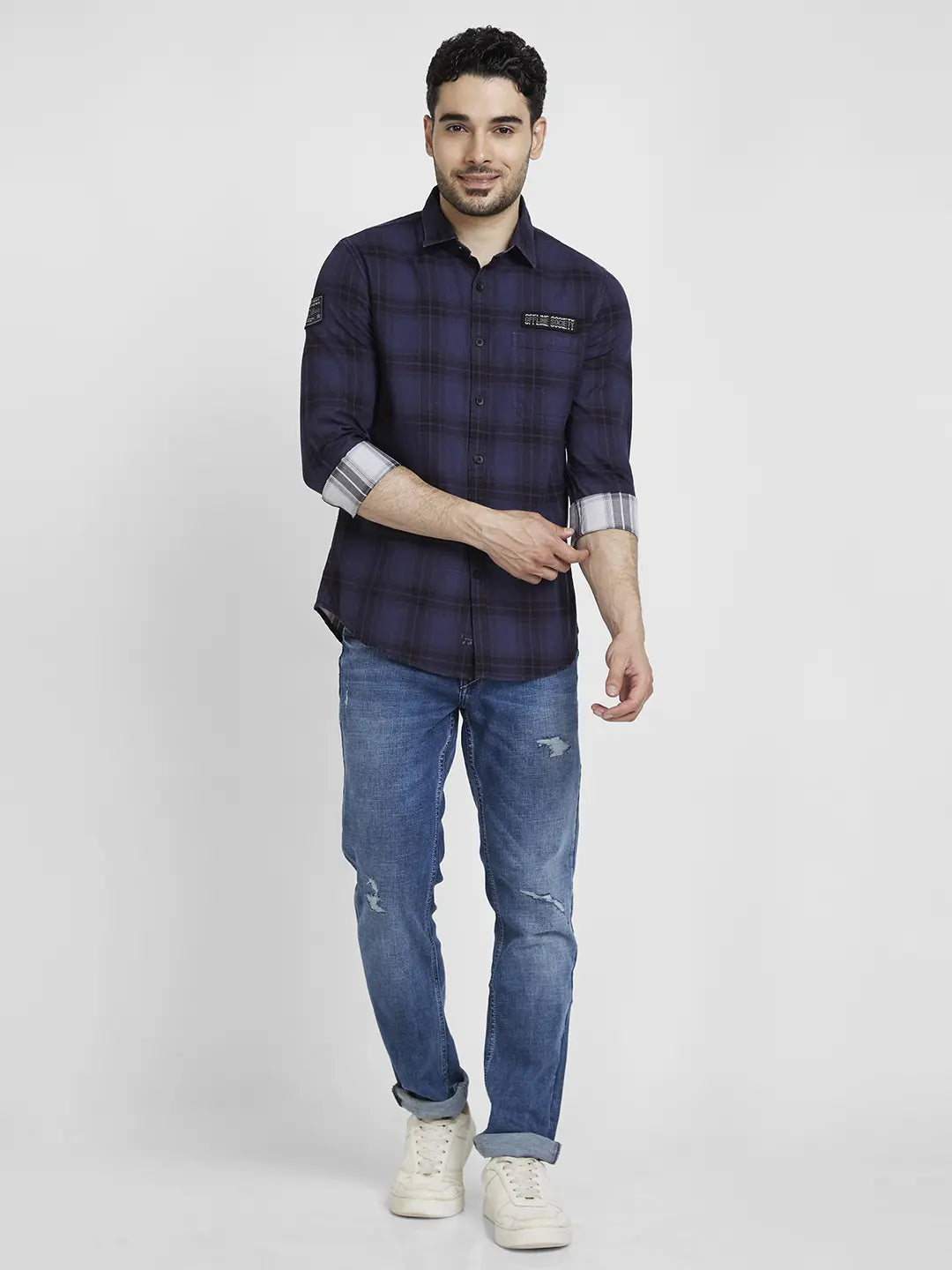 Spykar Men Indigo Blue Cotton Regular Slim Fit Full Sleeve Checkered Shirt