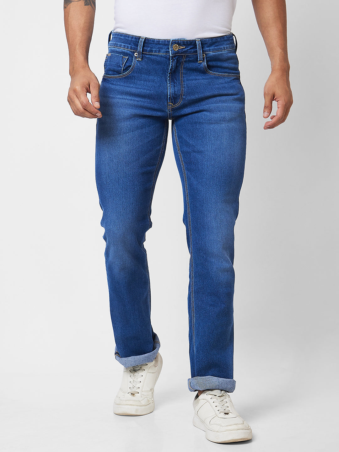 Spykar Mid Rise Bootcut  Blue Jeans For Men