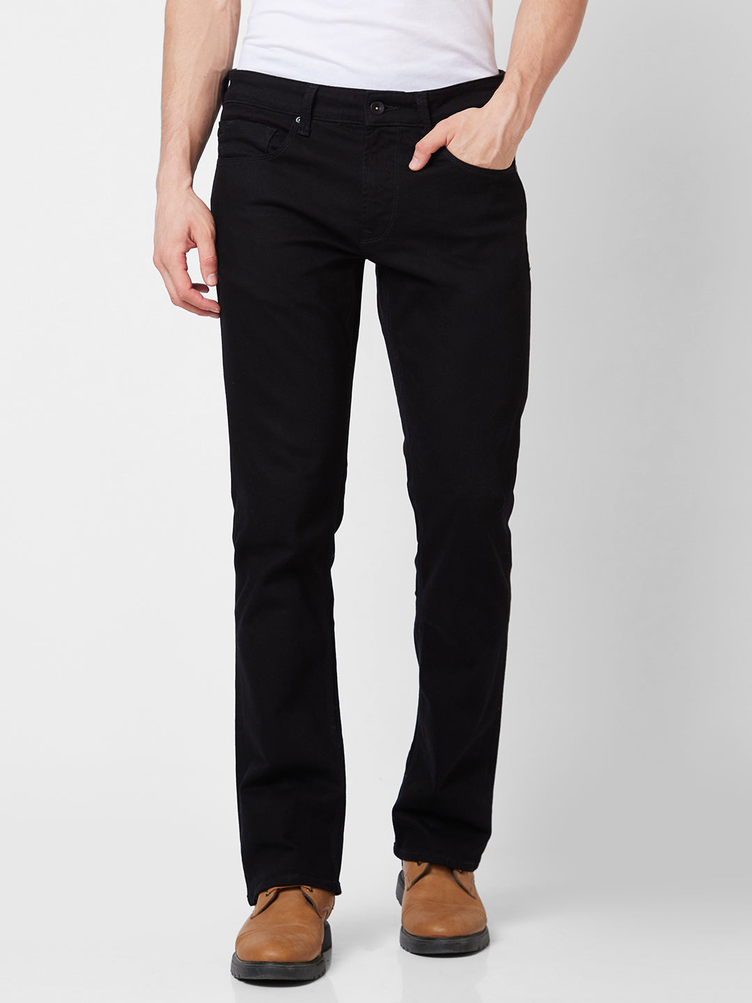 Spykar Mid Rise Bootcut  Black Jeans For Men