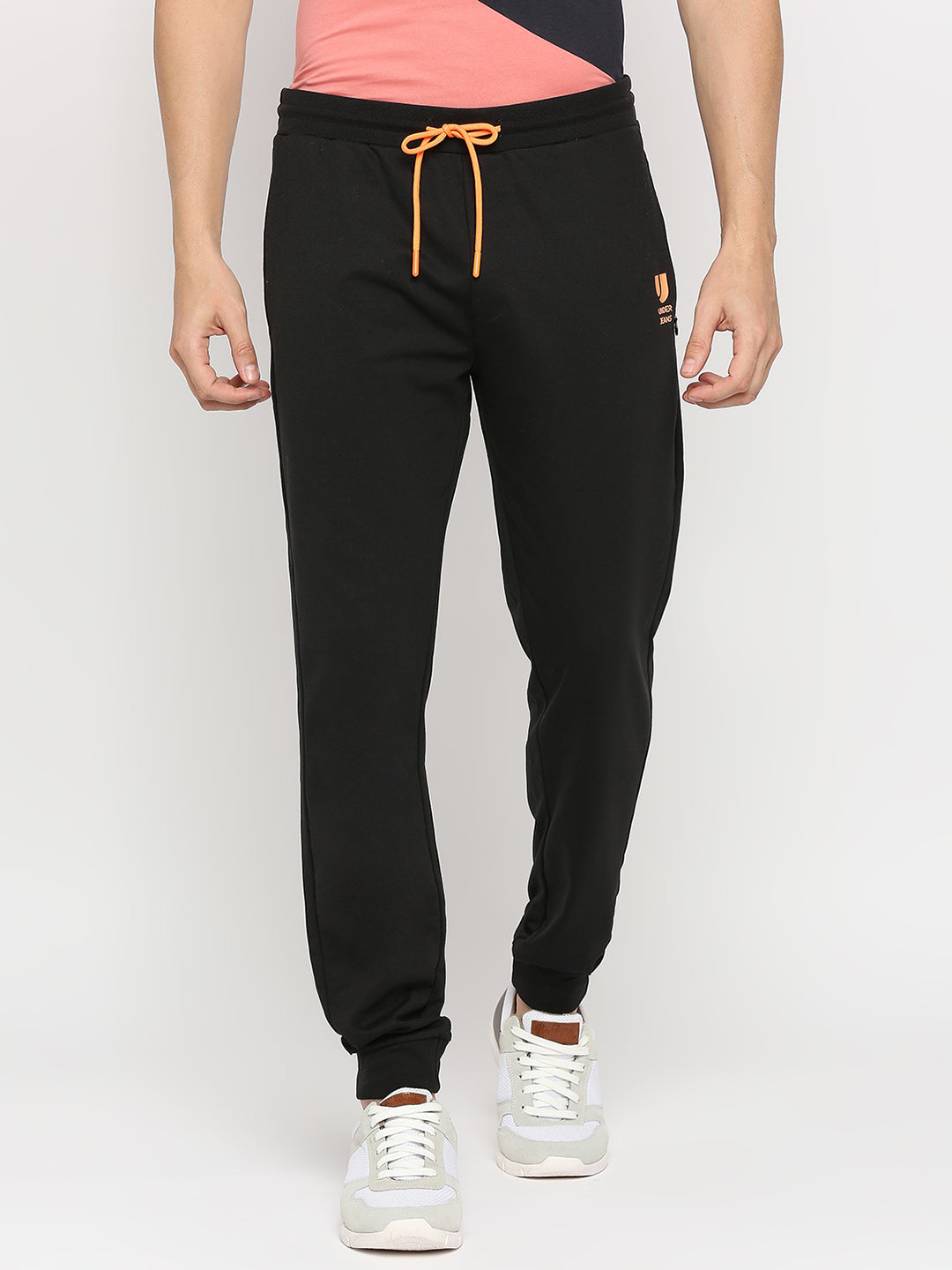 Men Black Cotton Regular Fit Trackpant- Underjeans By Spykar