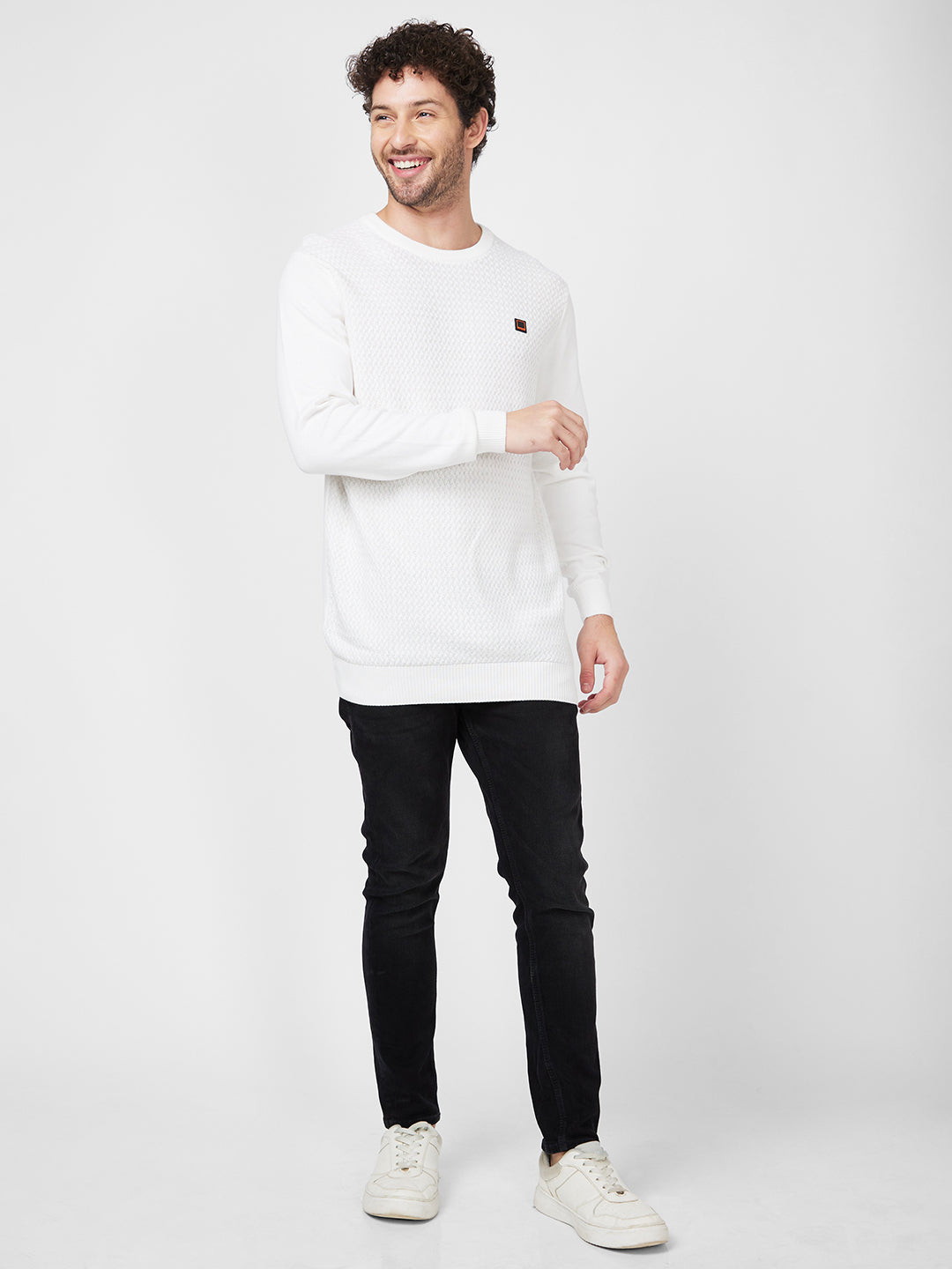 Spykar Full Sleeve Round Neck White Cotton Sweater For Men