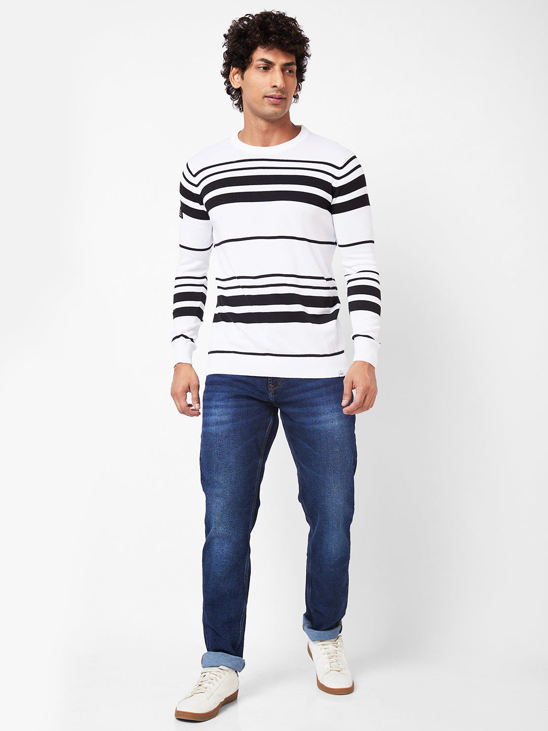 Spykar Collarless Full Sleeves White Sweater For Men