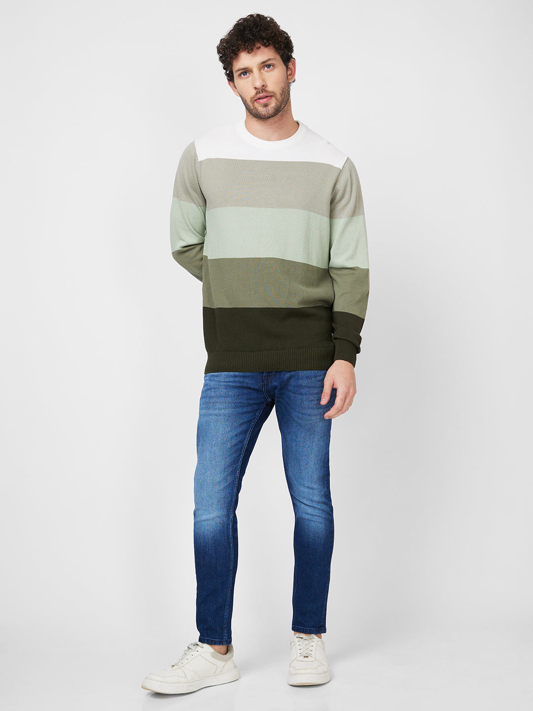 Spykar Full Sleeve Round Neck Green Cotton Sweater For Men