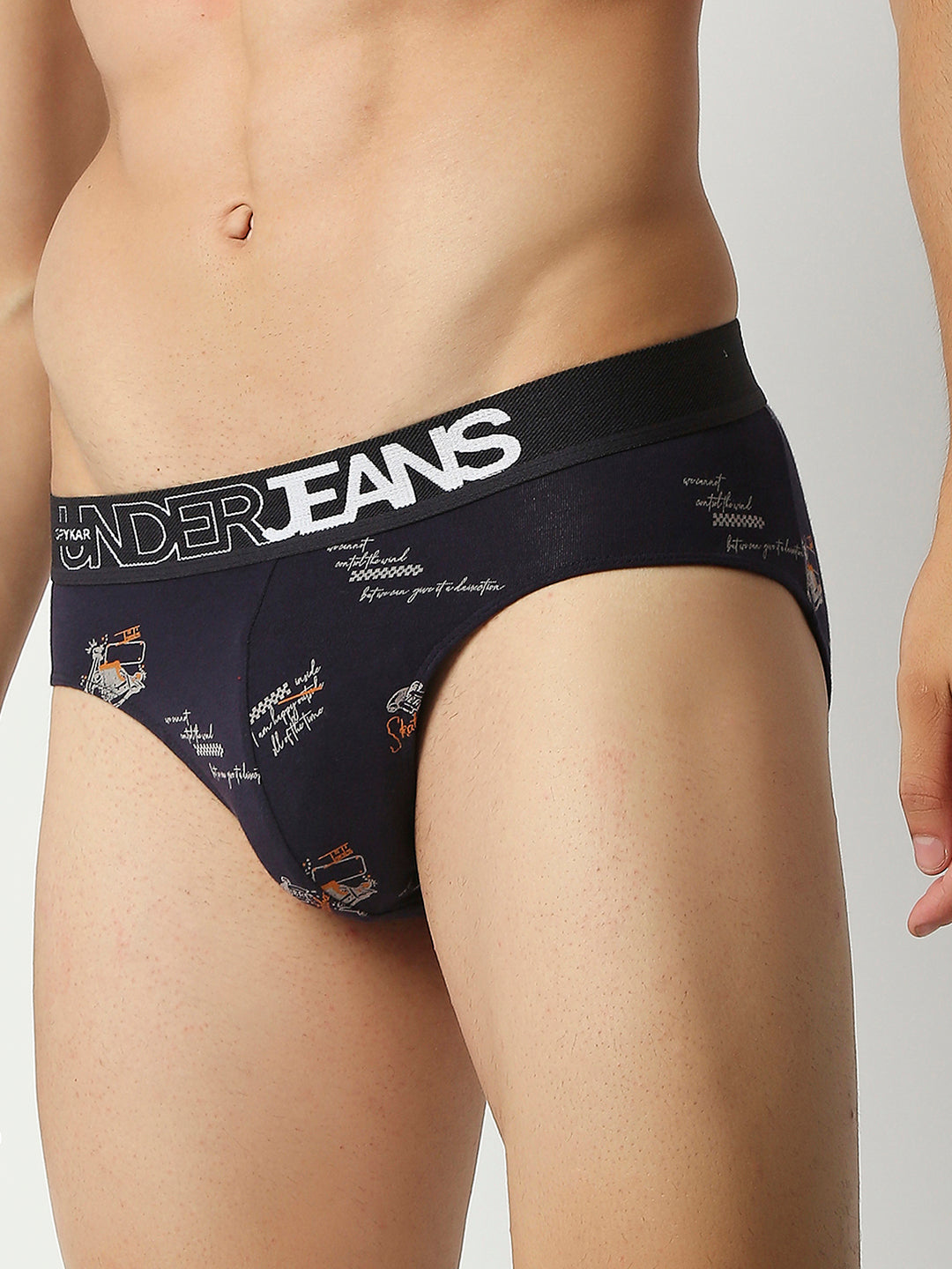 Men Navy Blue Cotton Blend Regular Fit Brief- Underjeans By Spykar