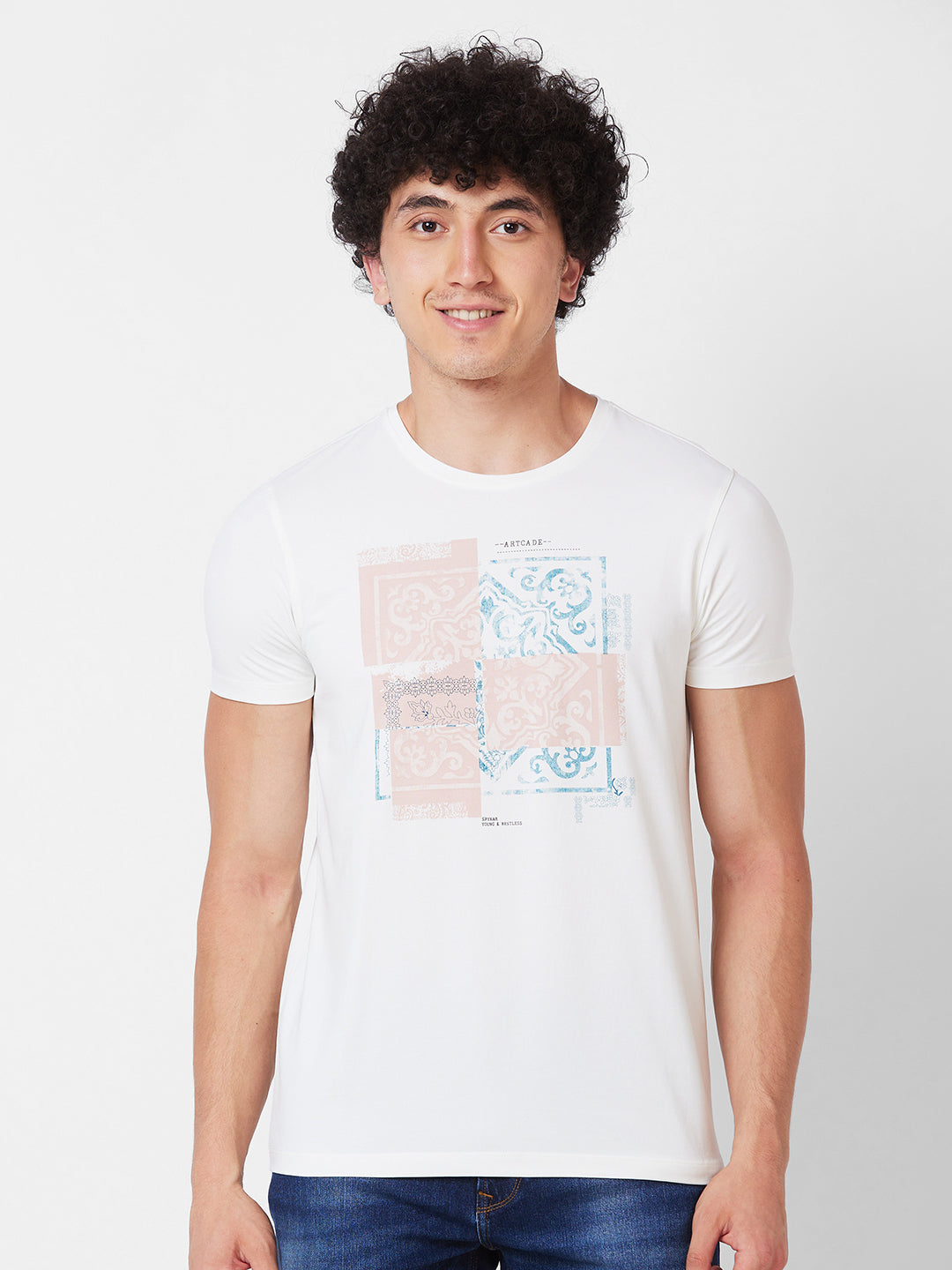 Spykar ROUND NECK HALF SLEEVES White T-shirt  For Men