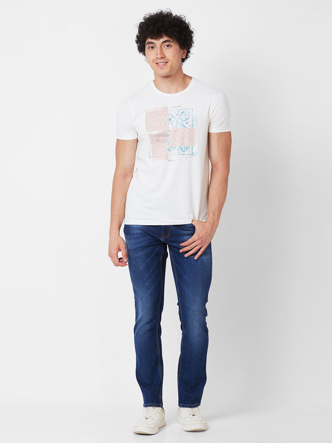 Spykar ROUND NECK HALF SLEEVES White T-shirt  For Men