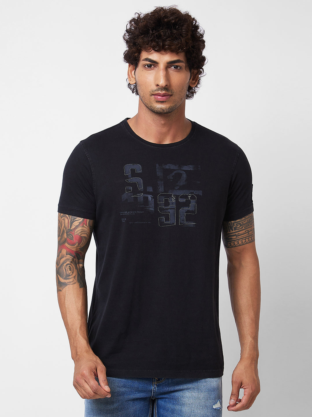 Spykar ROUND NECK HALF SLEEVES Black T-shirt  For Men