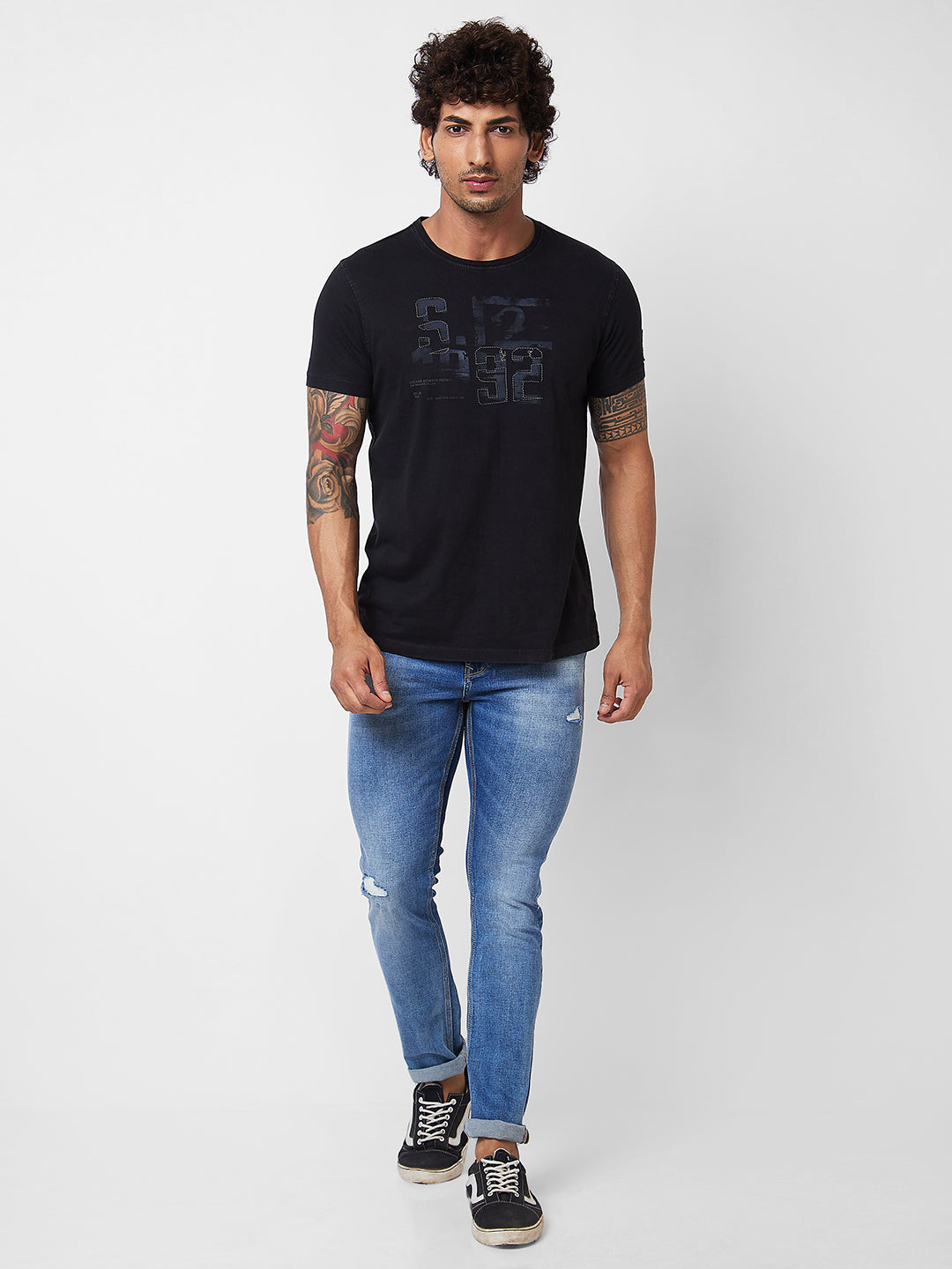 Spykar ROUND NECK HALF SLEEVES Black T-shirt  For Men