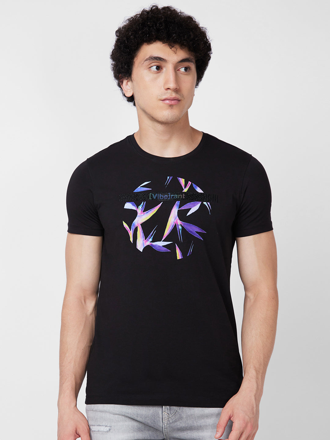 Spykar ROUND NECK HALF SLEEVES Black T-shirt  For Men