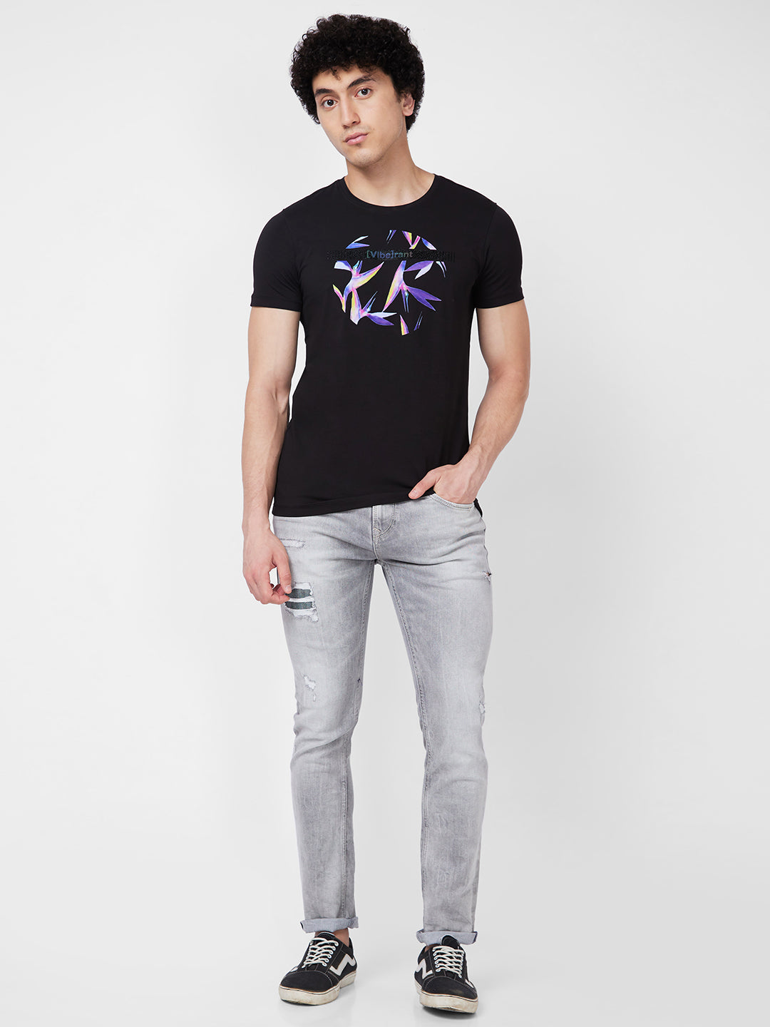 Spykar ROUND NECK HALF SLEEVES Black T-shirt  For Men