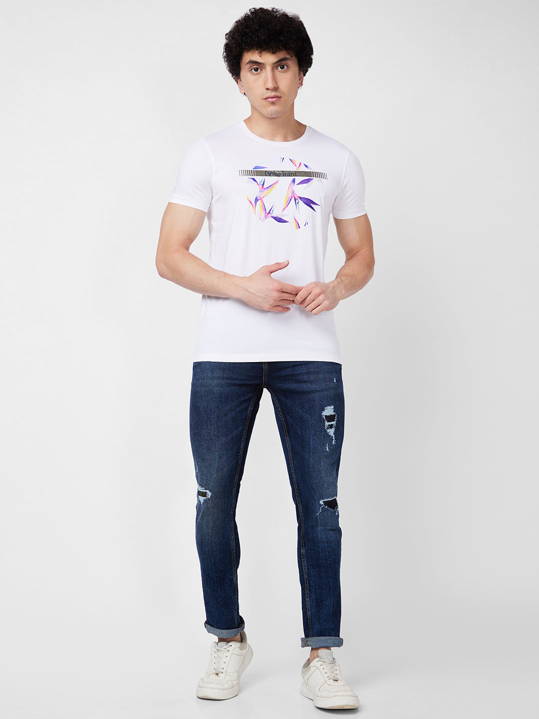 Spykar ROUND NECK HALF SLEEVES White T-shirt  For Men