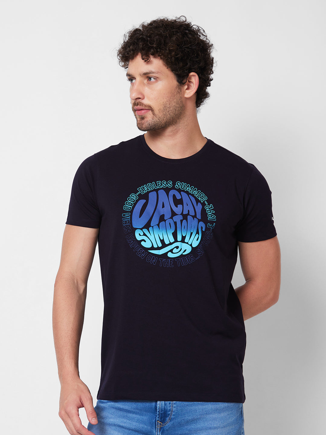 Spykar ROUND NECK HALF SLEEVES Blue T-shirt  For Men