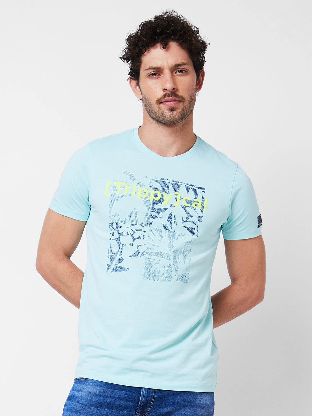 Spykar Round Neck Half Sleeves Blue T-Shirt  For Men