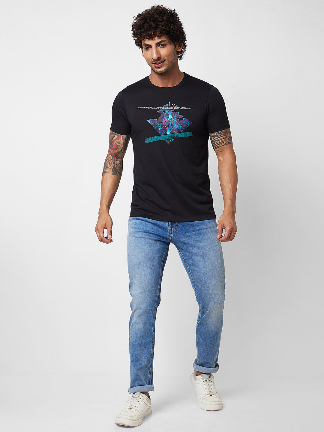 Spykar ROUND NECK HALF SLEEVES Black T-shirt  For Men