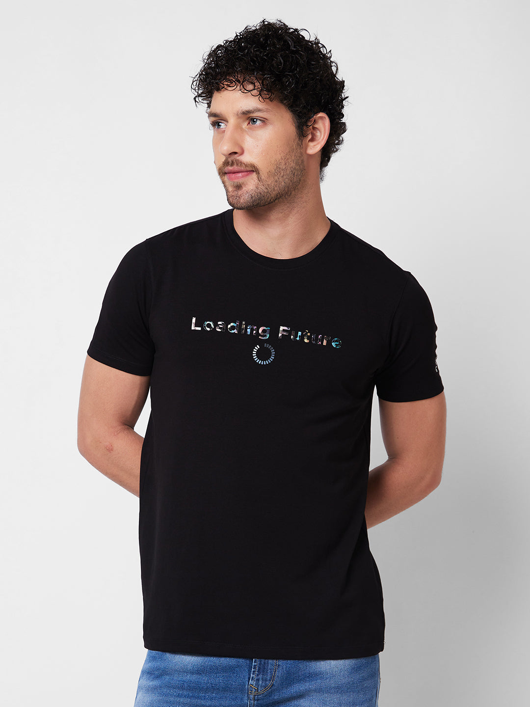 Spykar ROUND NECK HALF SLEEVES Black T-shirt  For Men