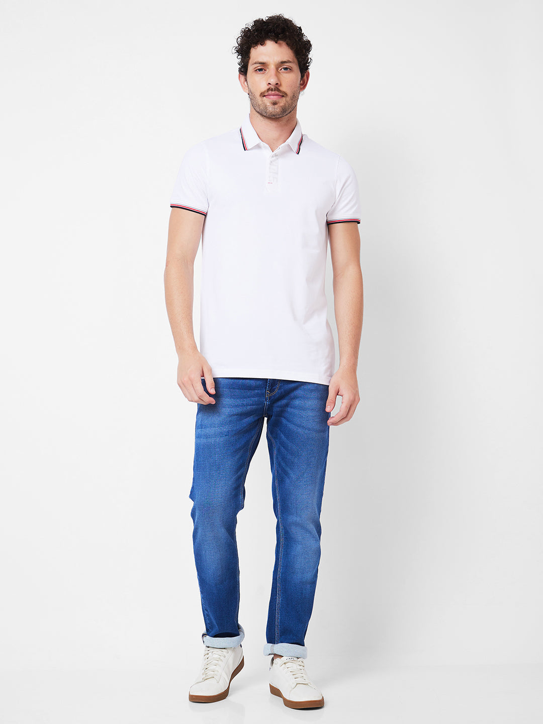 Spykar Polo Collar Half Sleeves White T-Shirt  For Men