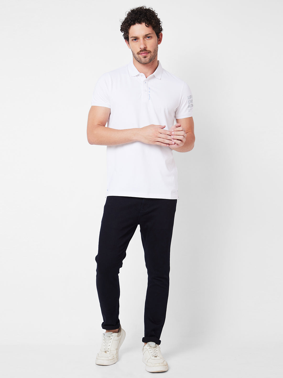 Spykar Polo Collar Half Sleeves White T-Shirt  For Men