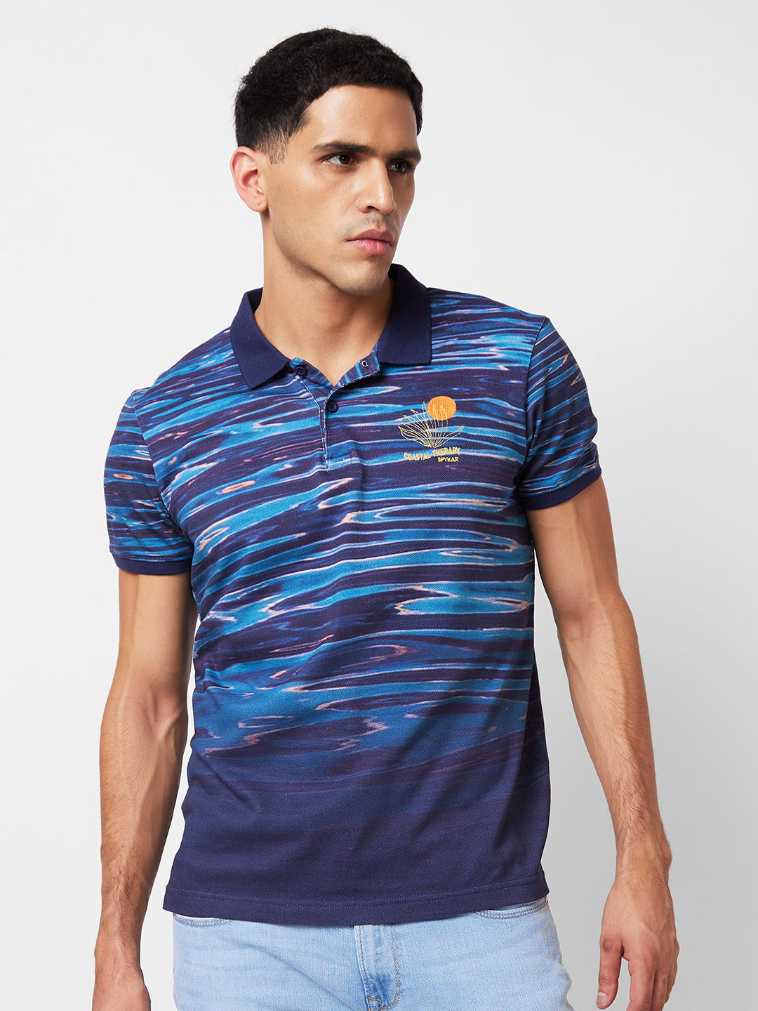 Spykar Polo Collar Half Sleeves Blue T-Shirt  For Men