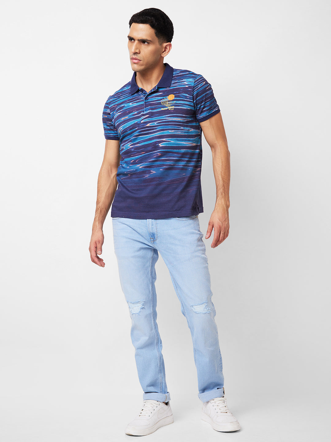 Spykar Polo Collar Half Sleeves Blue T-Shirt  For Men