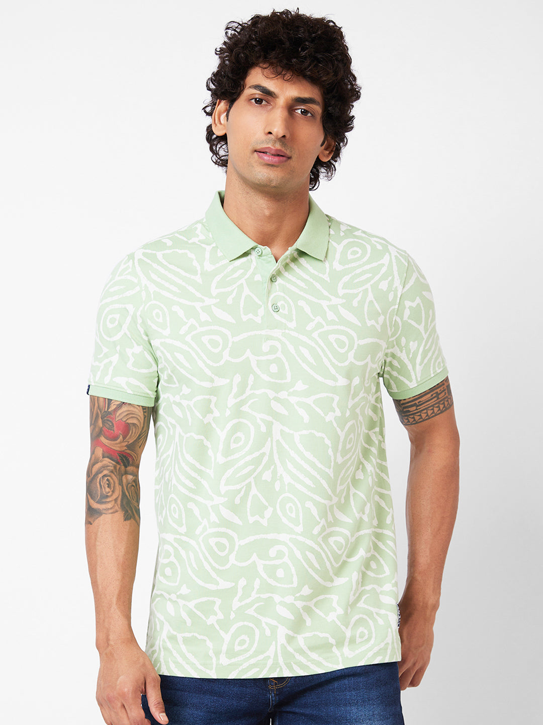 Spykar Polo Collar Half Sleeves Green T-Shirt For Men