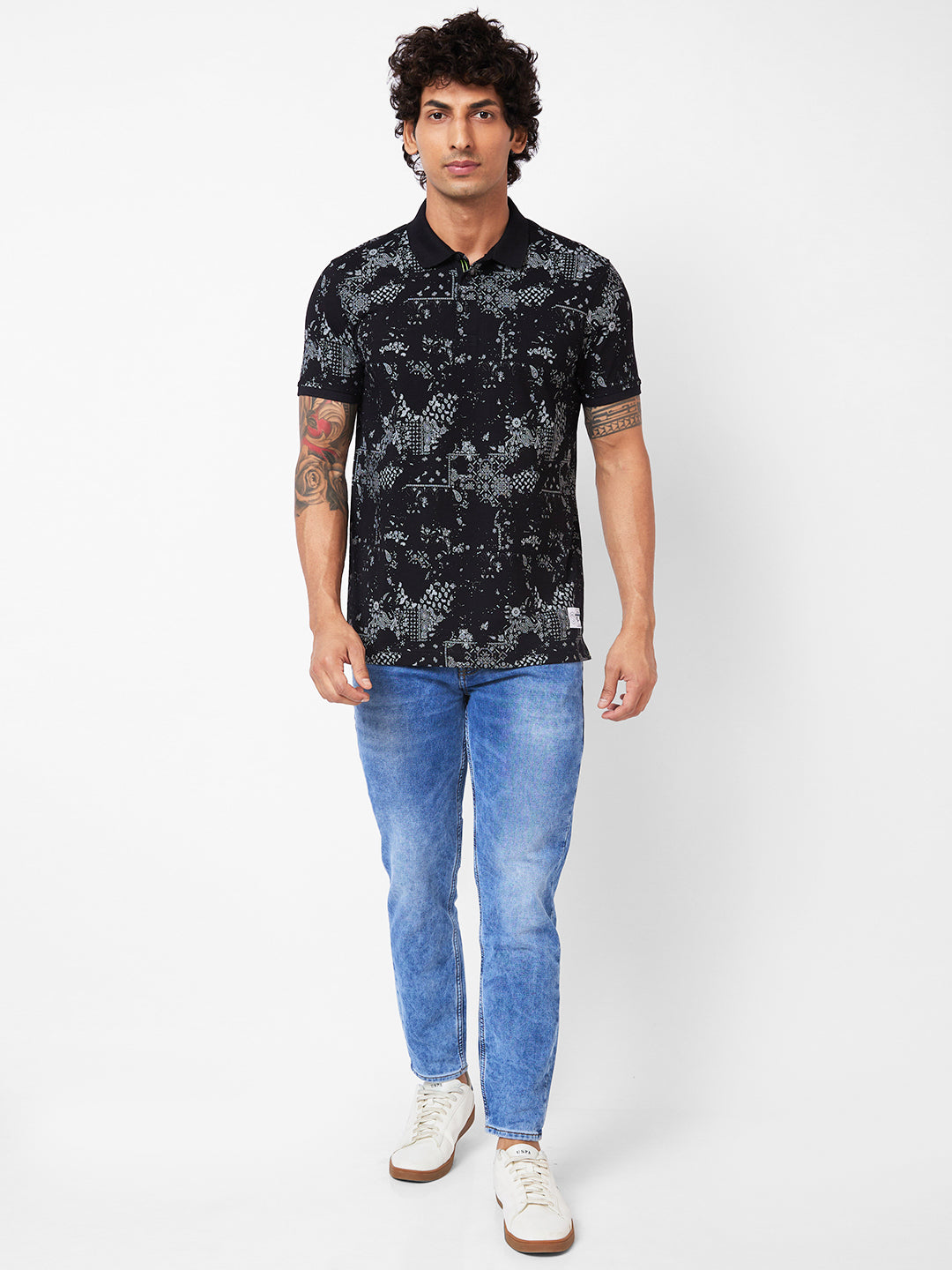 Spykar Polo Collar Half Sleeves Black T-Shirt For Men