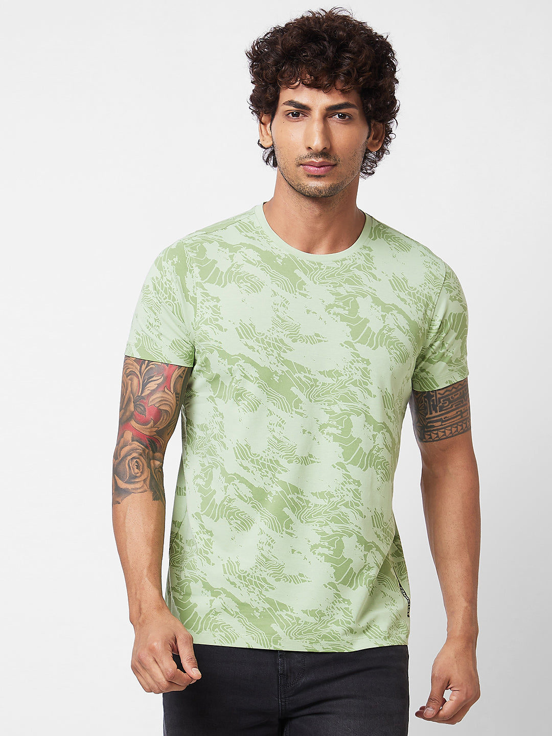 Spykar ROUND NECK HALF SLEEVES Green T-shirt  For Men
