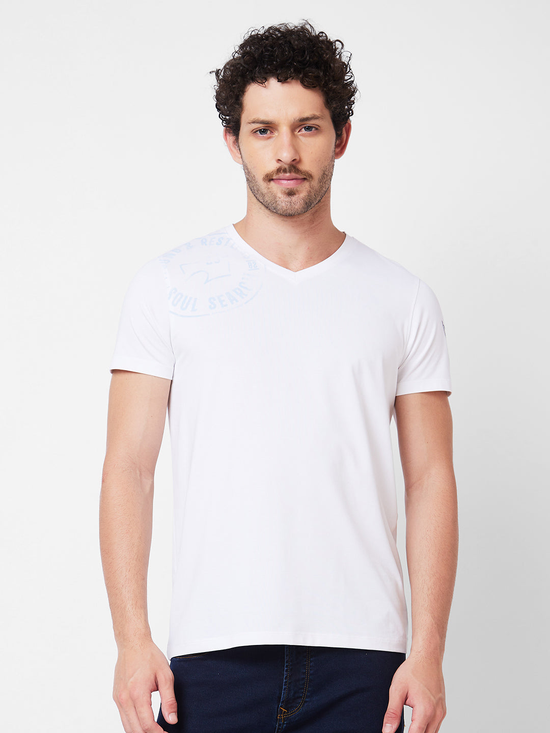 Spykar V Neck Half Sleeves White T-Shirt  For Men