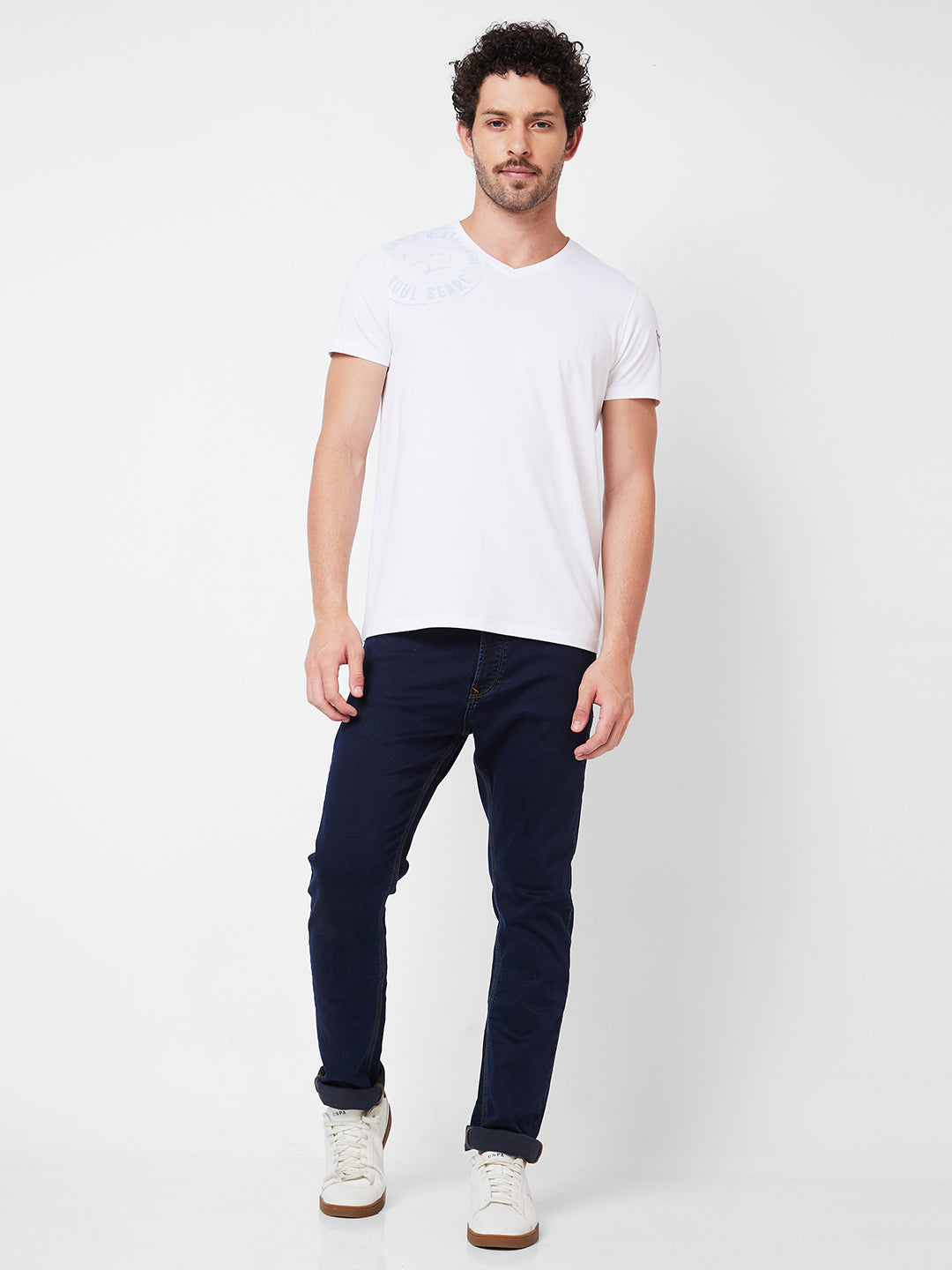 Spykar V Neck Half Sleeves White T-Shirt  For Men