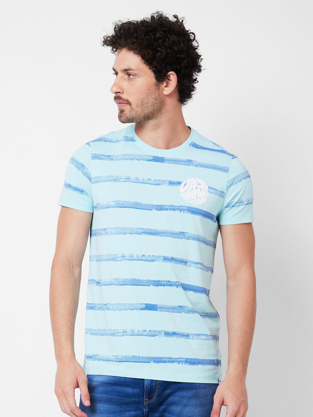 Spykar Round Neck Half Sleeves Blue T-Shirt  For Men