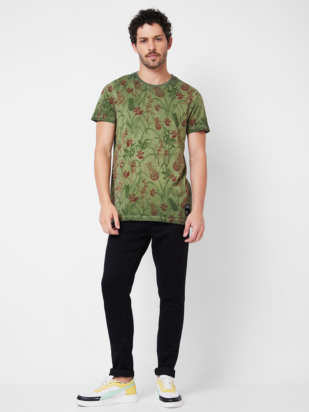 Spykar Round Neck Half Sleeves Green T-Shirt  For Men