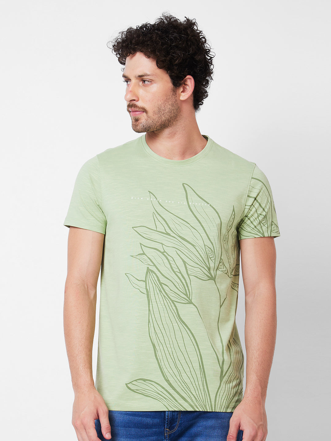 Spykar Round Neck Half Sleeves Green T-Shirt  For Men