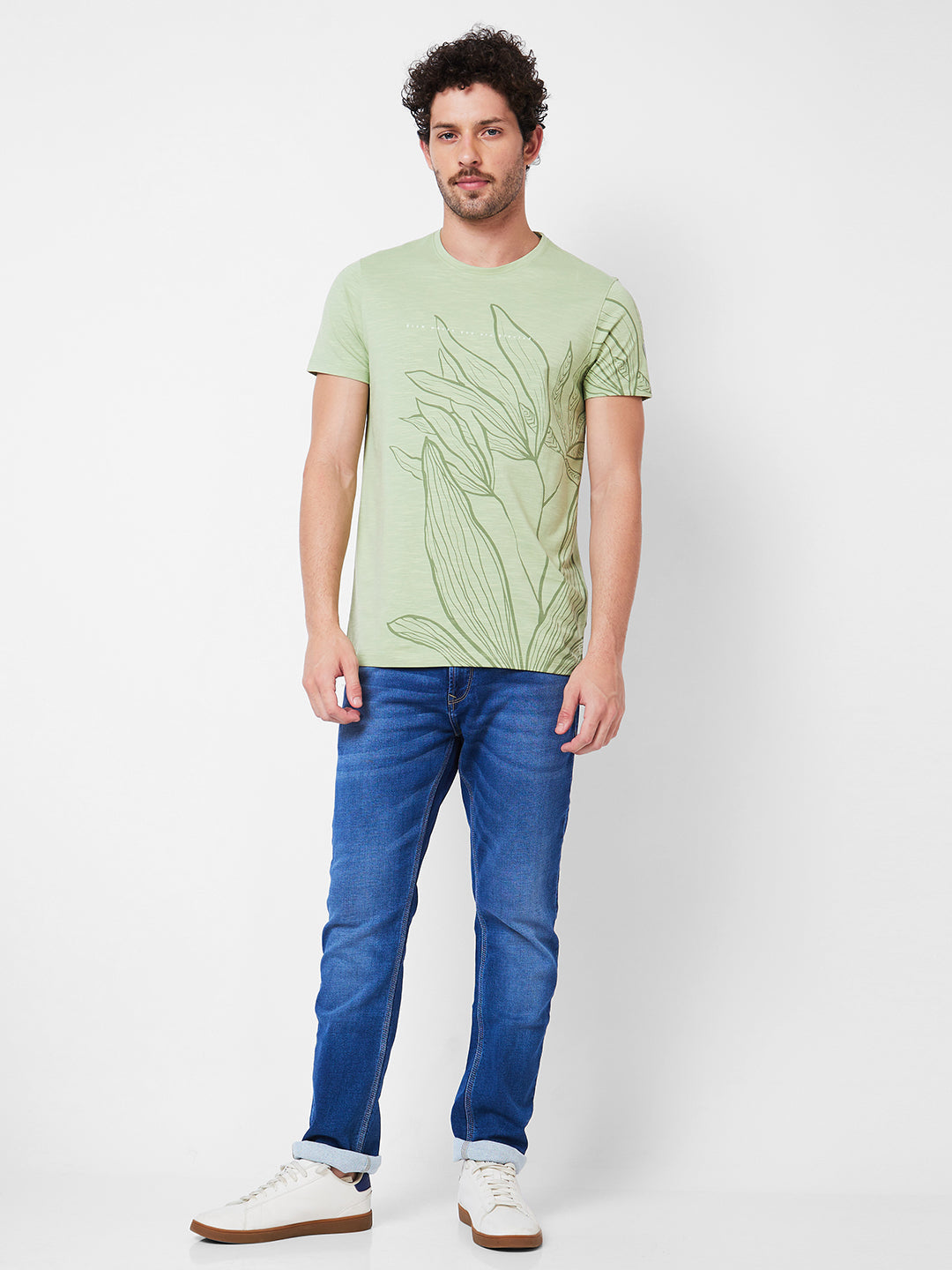 Spykar Round Neck Half Sleeves Green T-Shirt  For Men