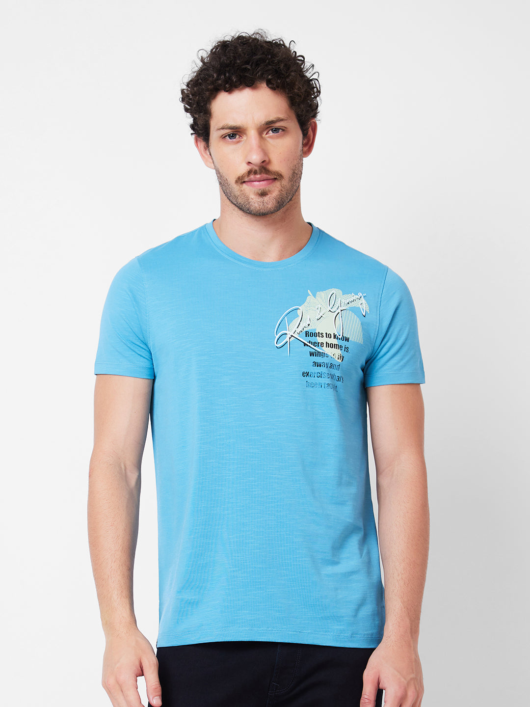 Spykar Round Neck Half Sleeves Blue T-Shirt  For Men