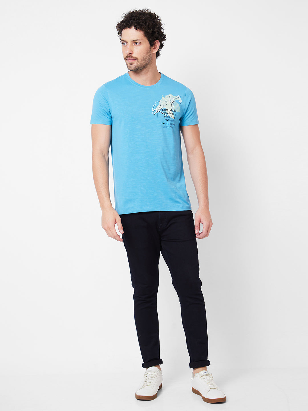 Spykar Round Neck Half Sleeves Blue T-Shirt  For Men