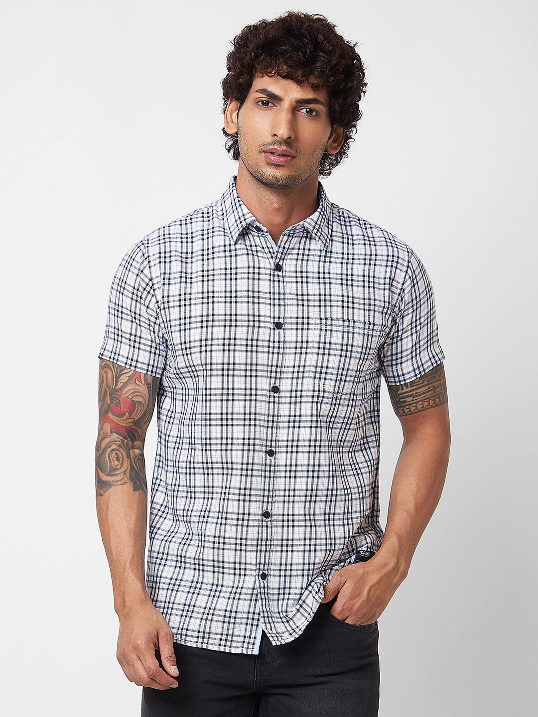 Spykar Blue CHECKED HALF SLEEVE Shirt For Men
