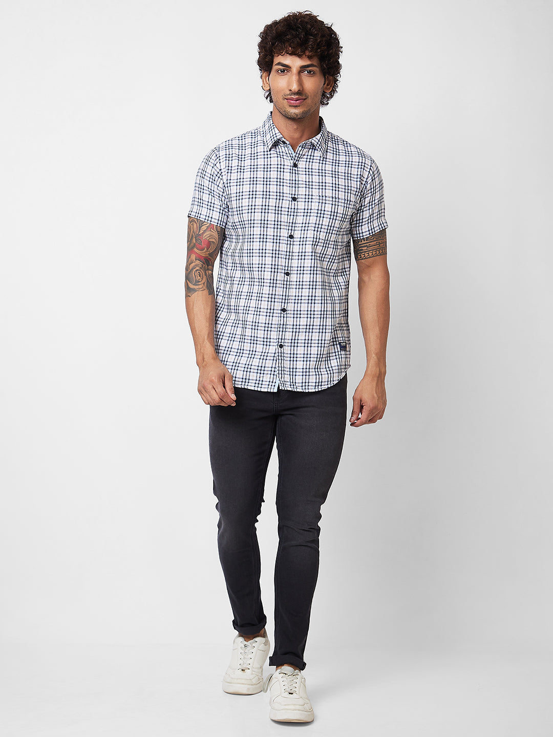 Spykar Blue CHECKED HALF SLEEVE Shirt For Men