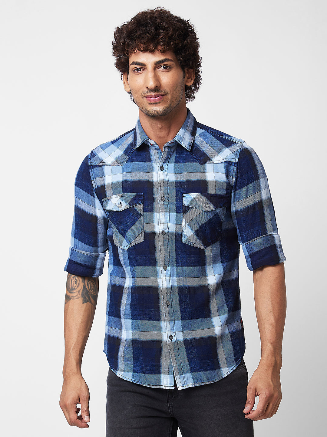 Spykar Grey CHECKED FULL SLEEVE Shirt For Men