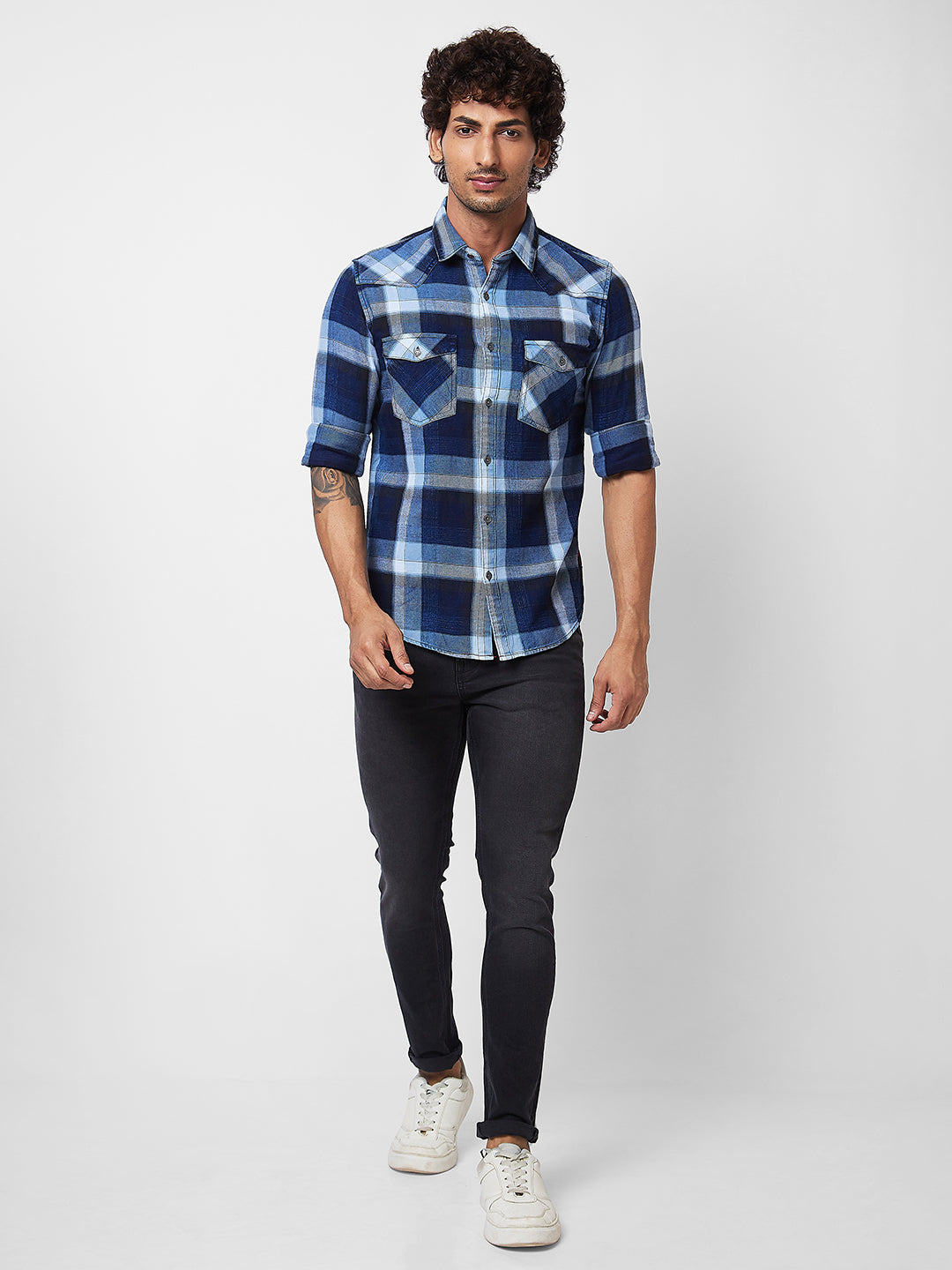 Spykar Grey CHECKED FULL SLEEVE Shirt For Men