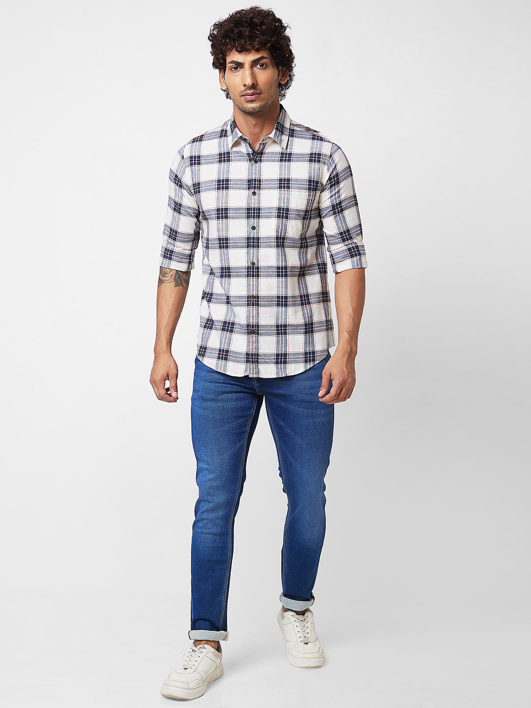 Spykar Blue CHECKED FULL SLEEVE Shirt For Men
