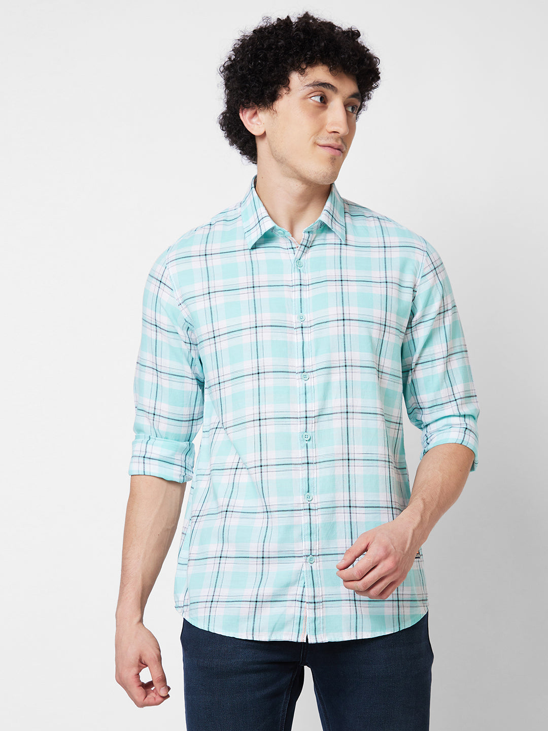 Spykar Blue CHECKED FULL SLEEVE Shirt For Men