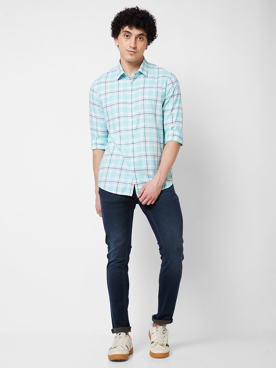 Spykar Blue CHECKED FULL SLEEVE Shirt For Men