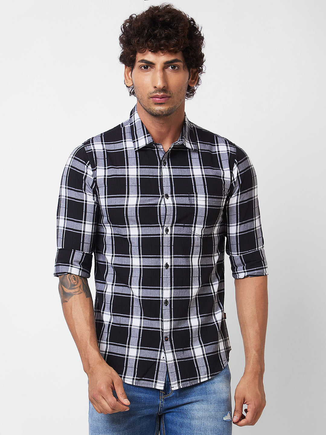 Spykar Black CHECKED FULL SLEEVE Shirt For Men