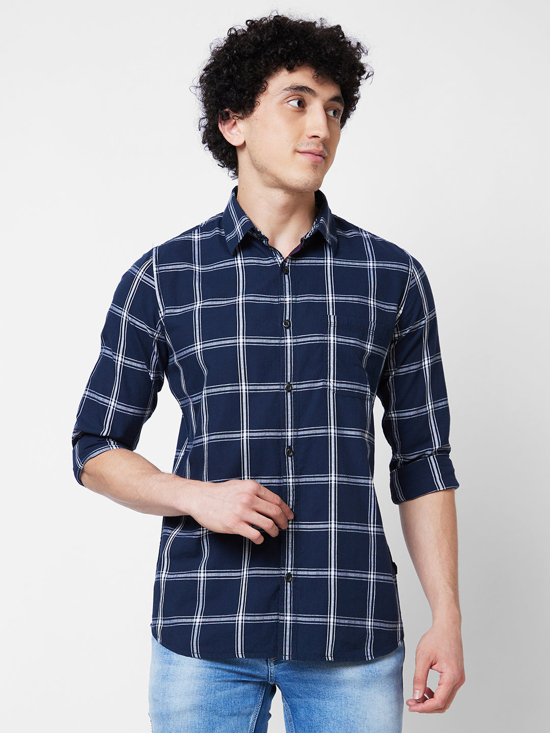 Spykar Blue CHECKED FULL SLEEVE Shirt For Men