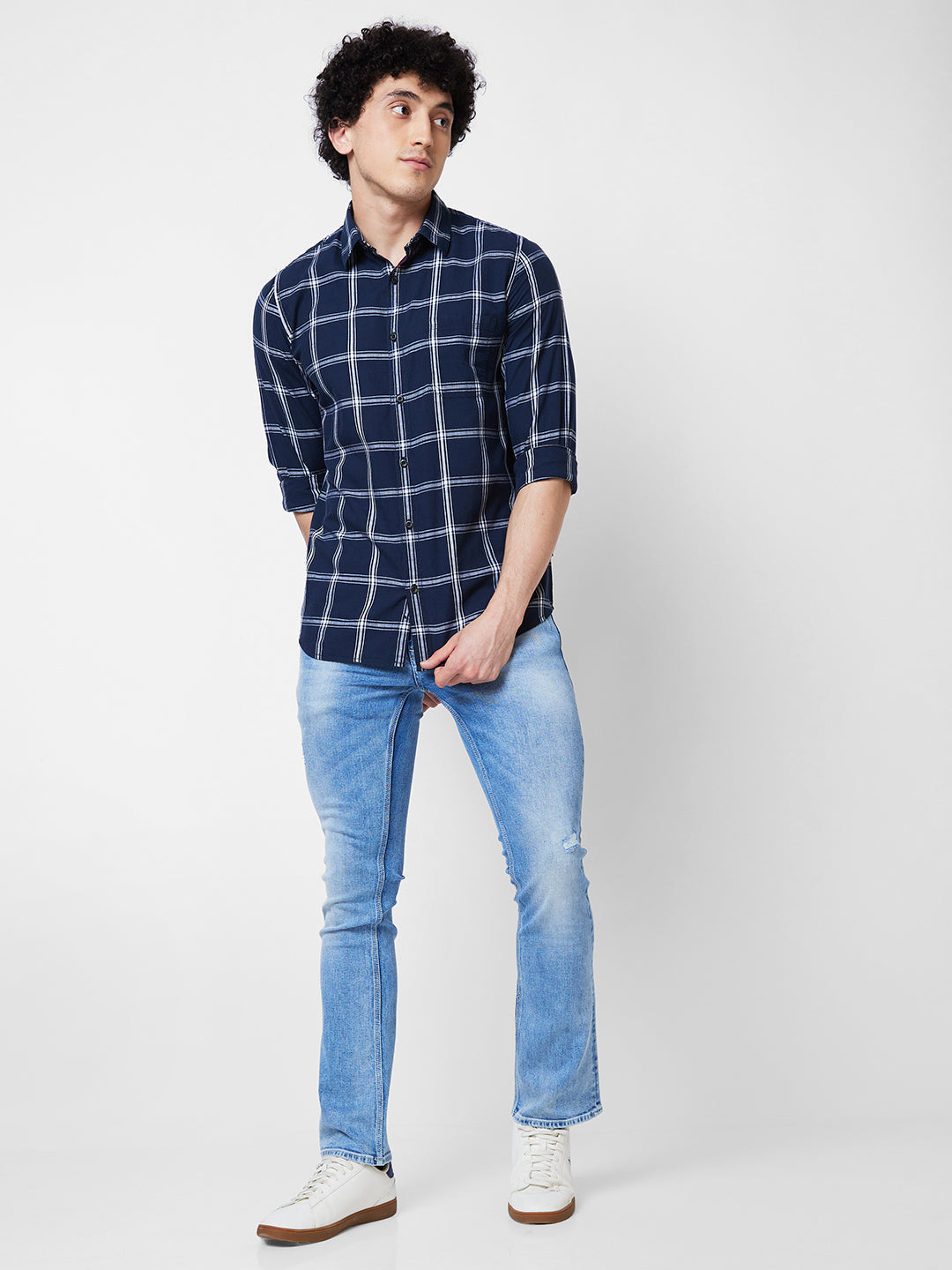 Spykar Blue CHECKED FULL SLEEVE Shirt For Men