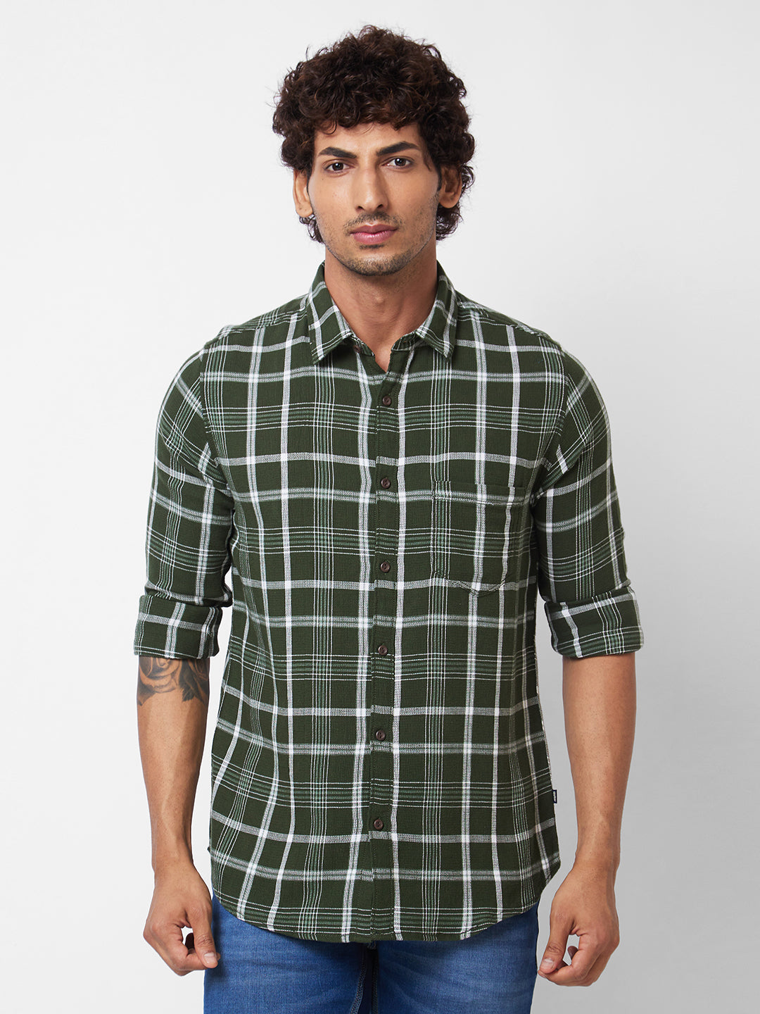 Spykar Green CHECKED FULL SLEEVE Shirt For Men
