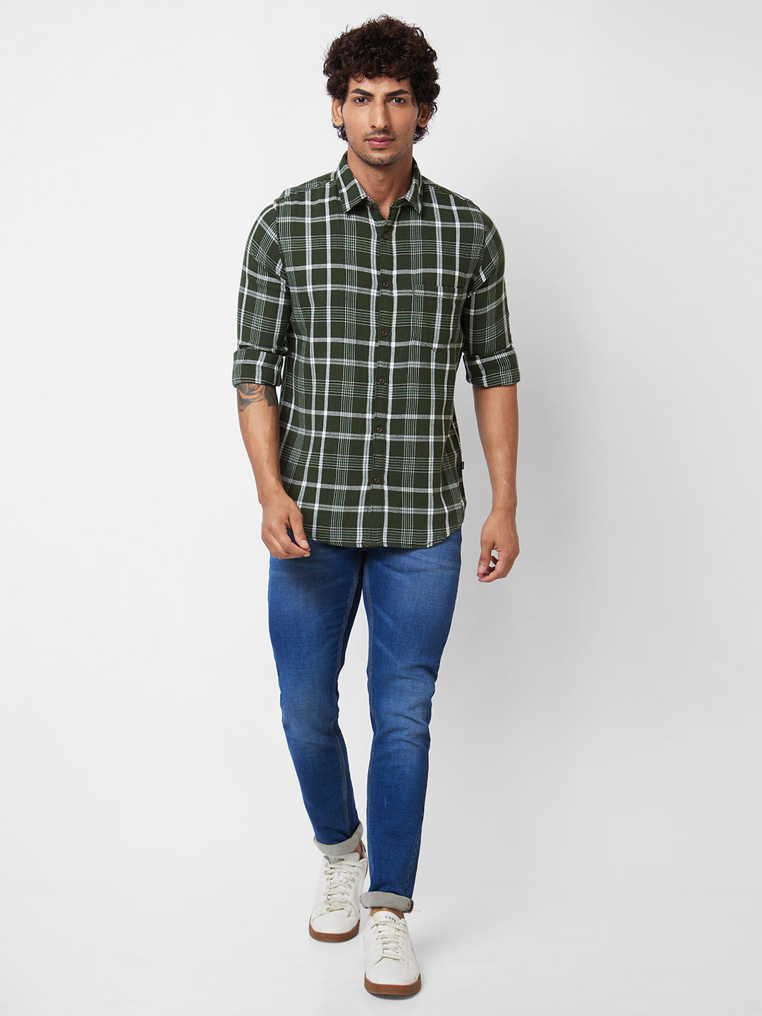 Spykar Green CHECKED FULL SLEEVE Shirt For Men