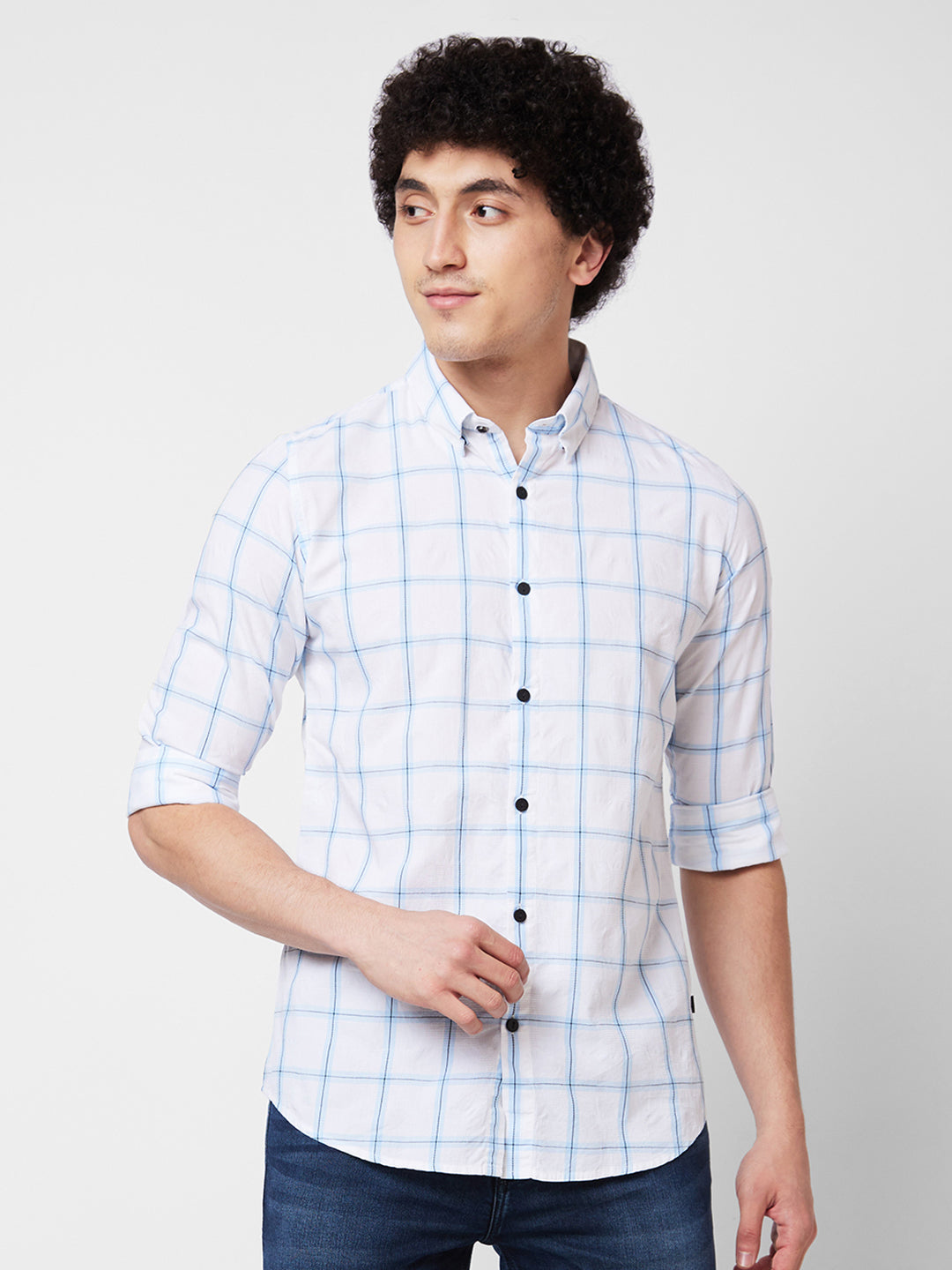 Spykar Blue CHECKED FULL SLEEVE Shirt For Men